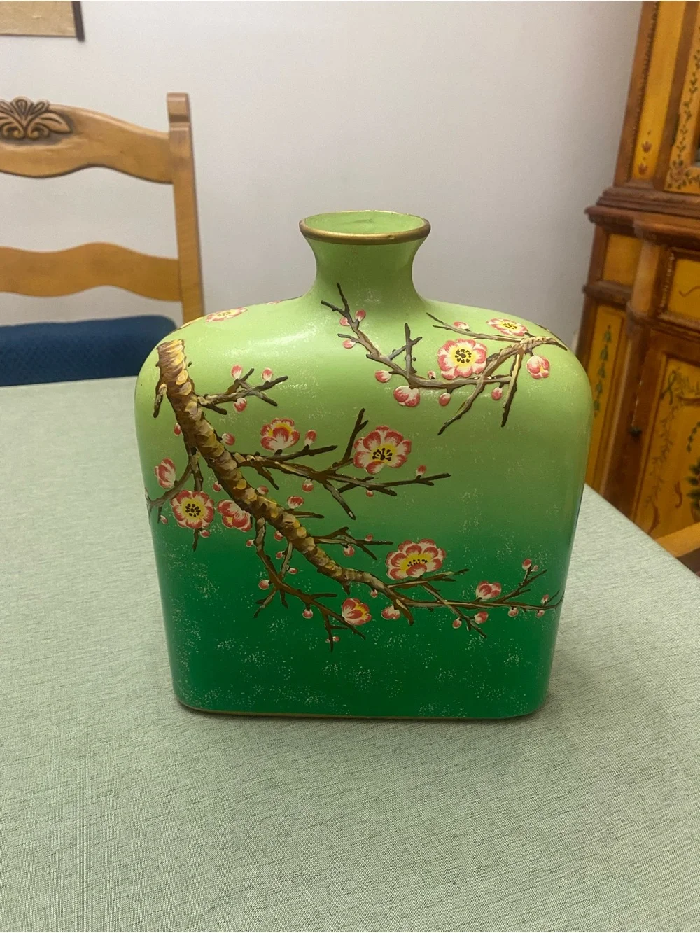 Green Ombre Floral Porcelain Hand-painted Vase with Cherry Blossom Branch Motif